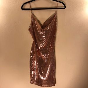 missguided rose gold sequin cowl neck dress